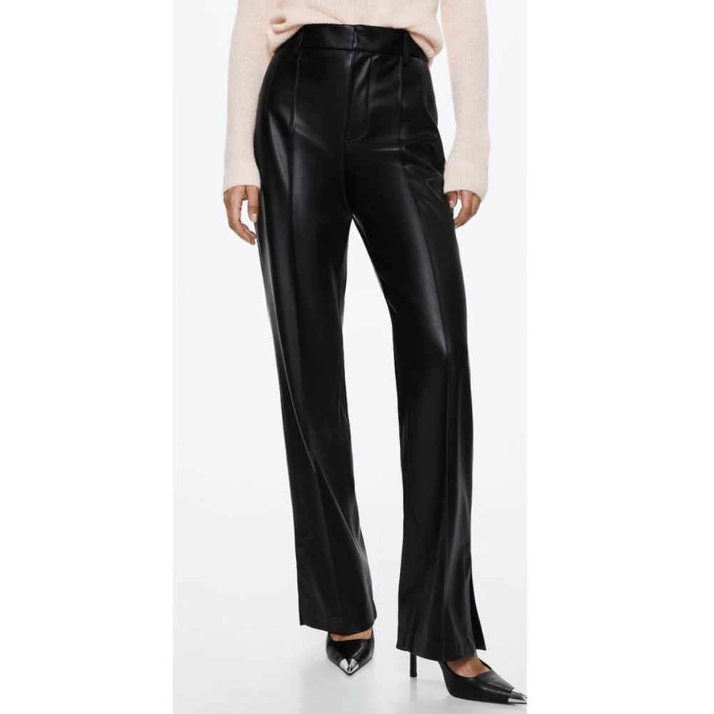 Mango Leather Affect Straight Leg Pants with Slits